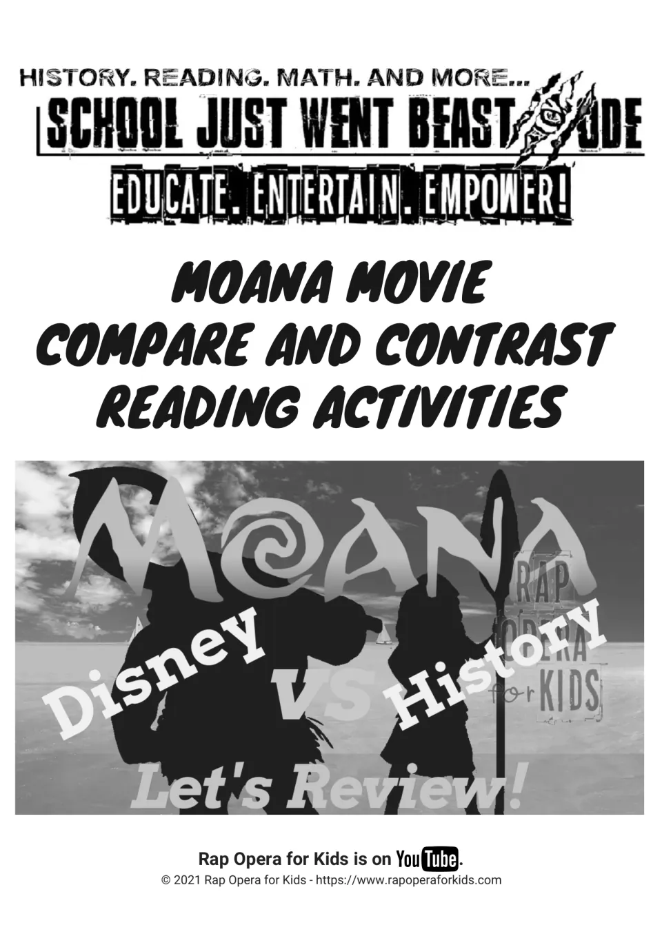 Moana Movie Compare and Contrast Reading Activities cover with a Disney vs History, Let's Review! title image