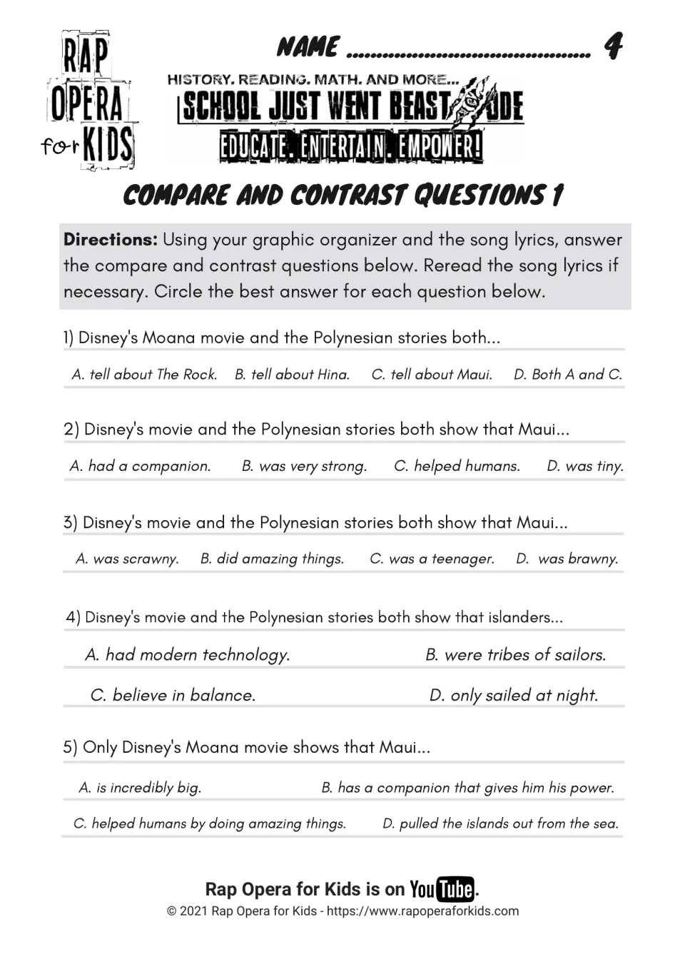 Compare and contrast questions 1: students circle the best answer in 5 items comparing Disney's Maui with Polynesian tales