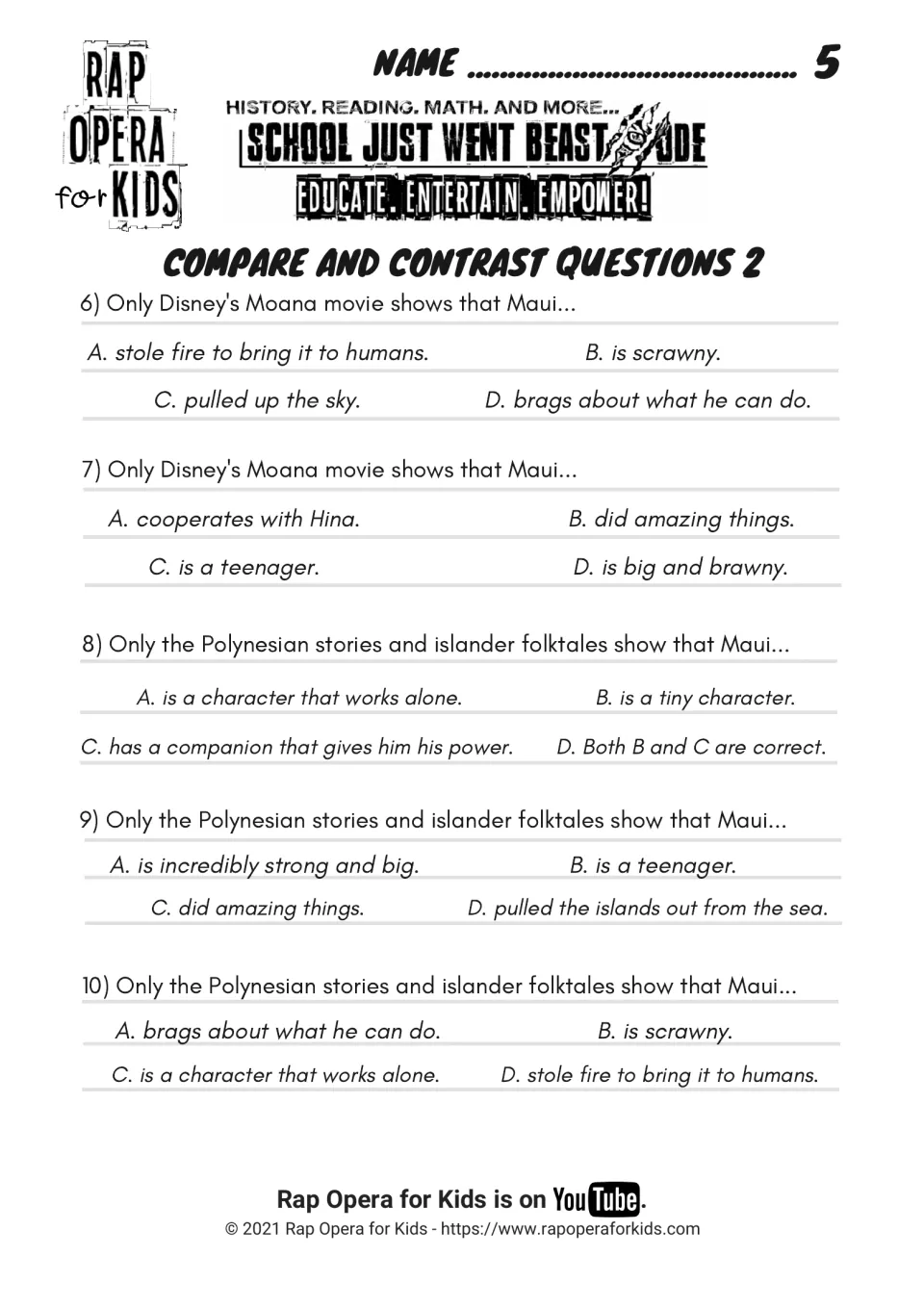 Compare and contrast questions 2: items 6 to 10 ask what only Disney's film or only Polynesian folktales show about Maui