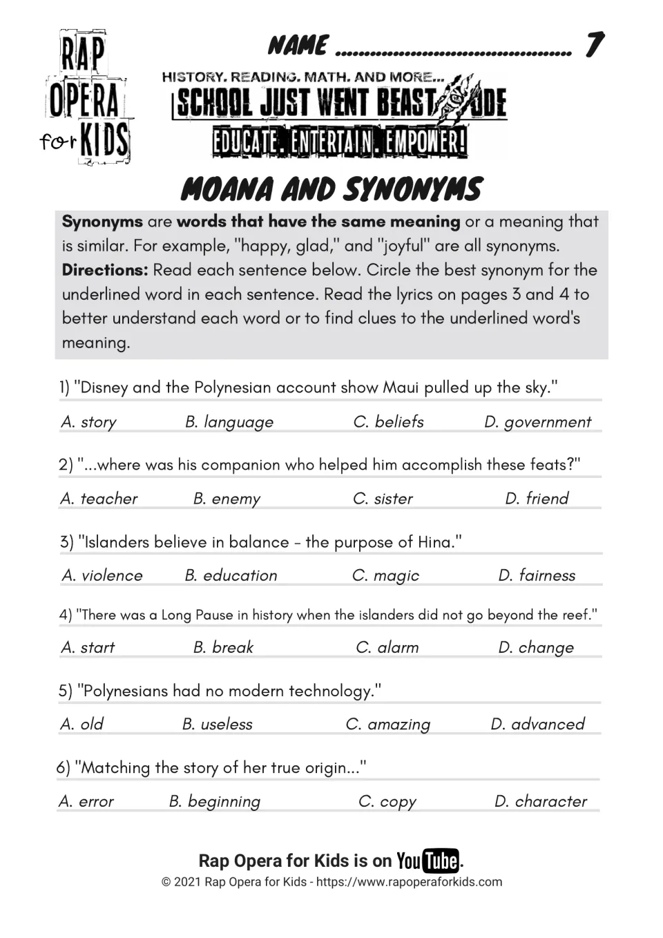 Moana and synonyms: students circle a synonym for the underlined word in 6 lyric lines, such as companion and origin