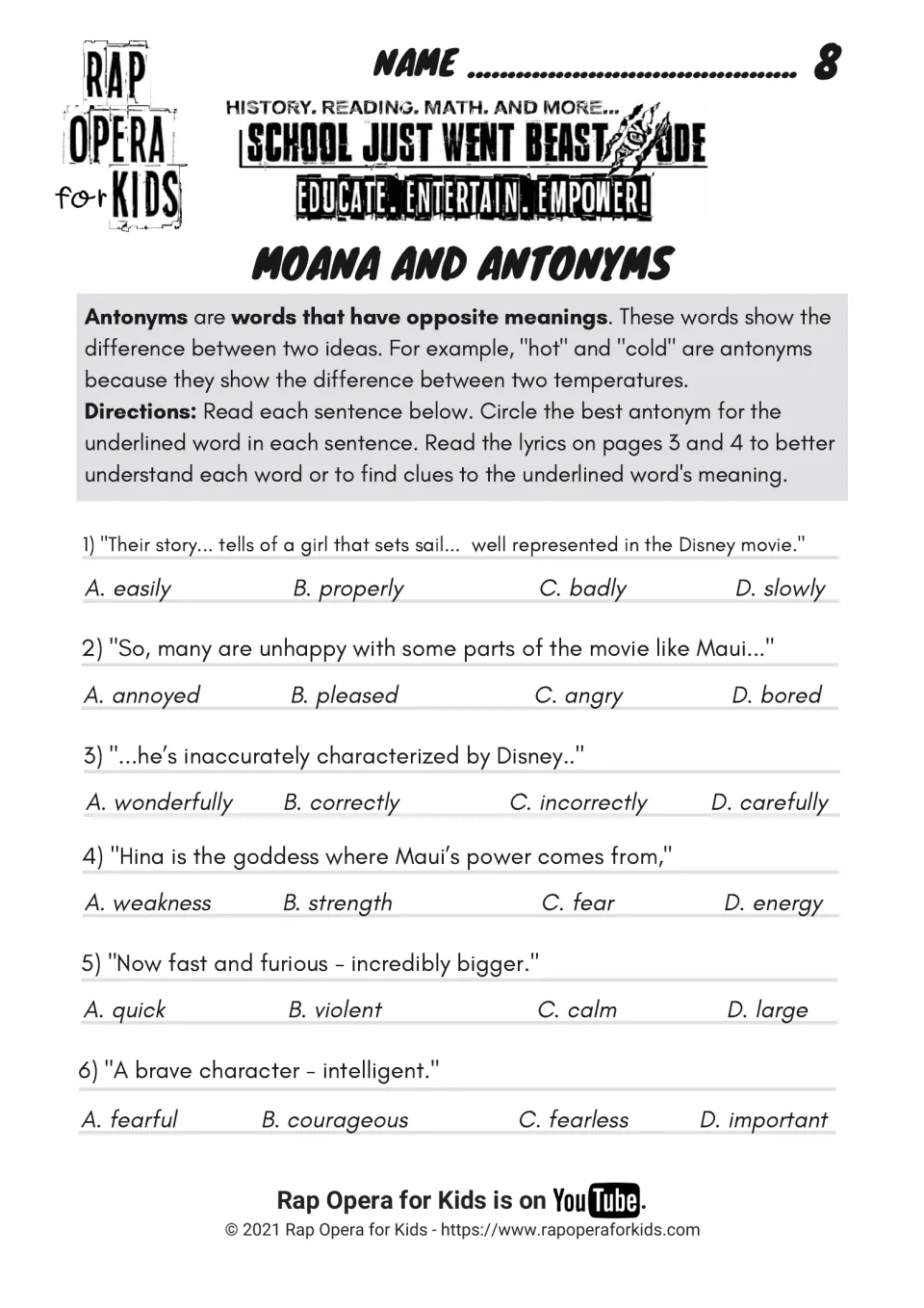Moana and antonyms: students circle the opposite of the underlined word in 6 lyric lines, like unhappy and inaccurately
