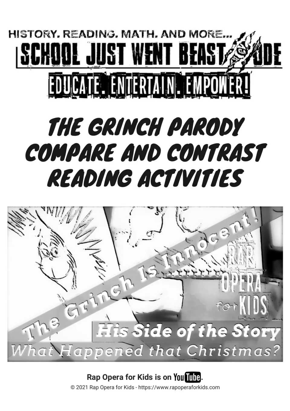 Cover: The Grinch Parody compare and contrast reading activities, with art from the song The Grinch Is Innocent!
