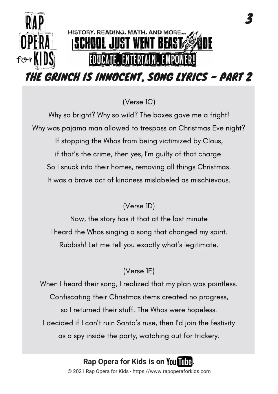 Song lyrics part 2: the Grinch blames Santa, returns the Whos' Christmas items and joins their party as a spy