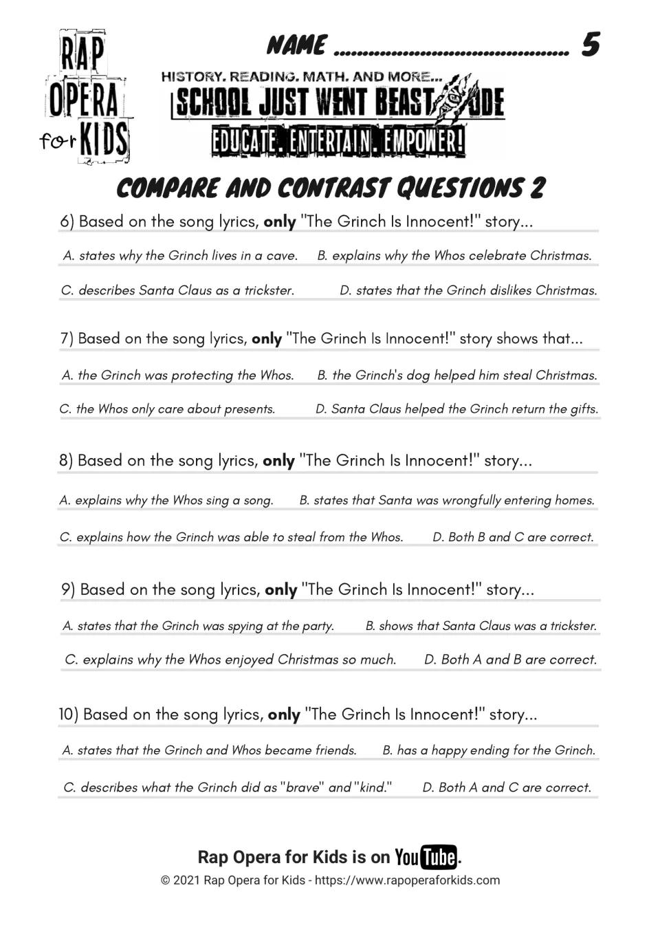 Compare and contrast questions 2: multiple-choice items 6 to 10 on what only the Grinch Is Innocent! song tells