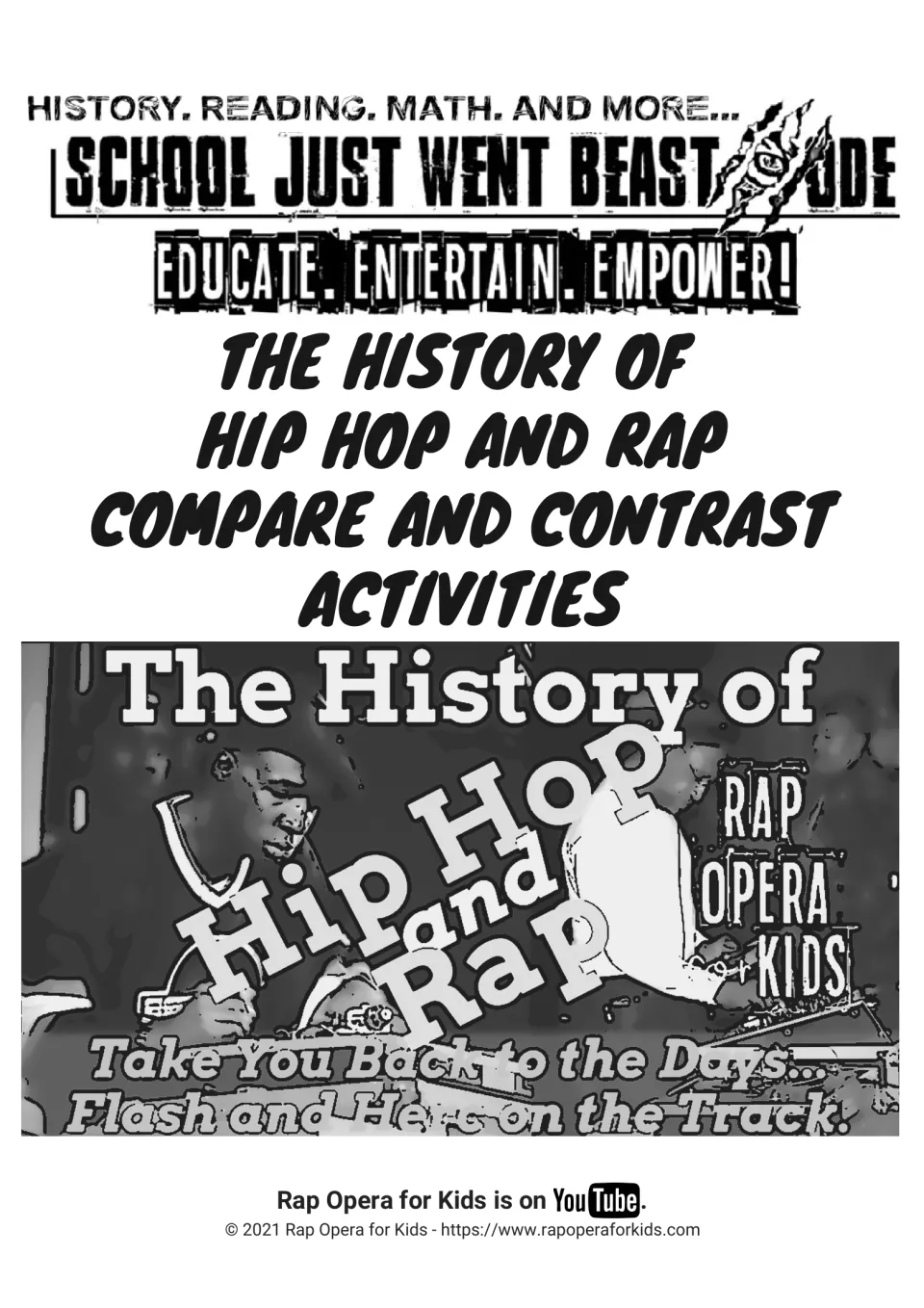 Cover: The History of Hip Hop and Rap compare and contrast activities, with a Rap Opera for Kids banner of DJs