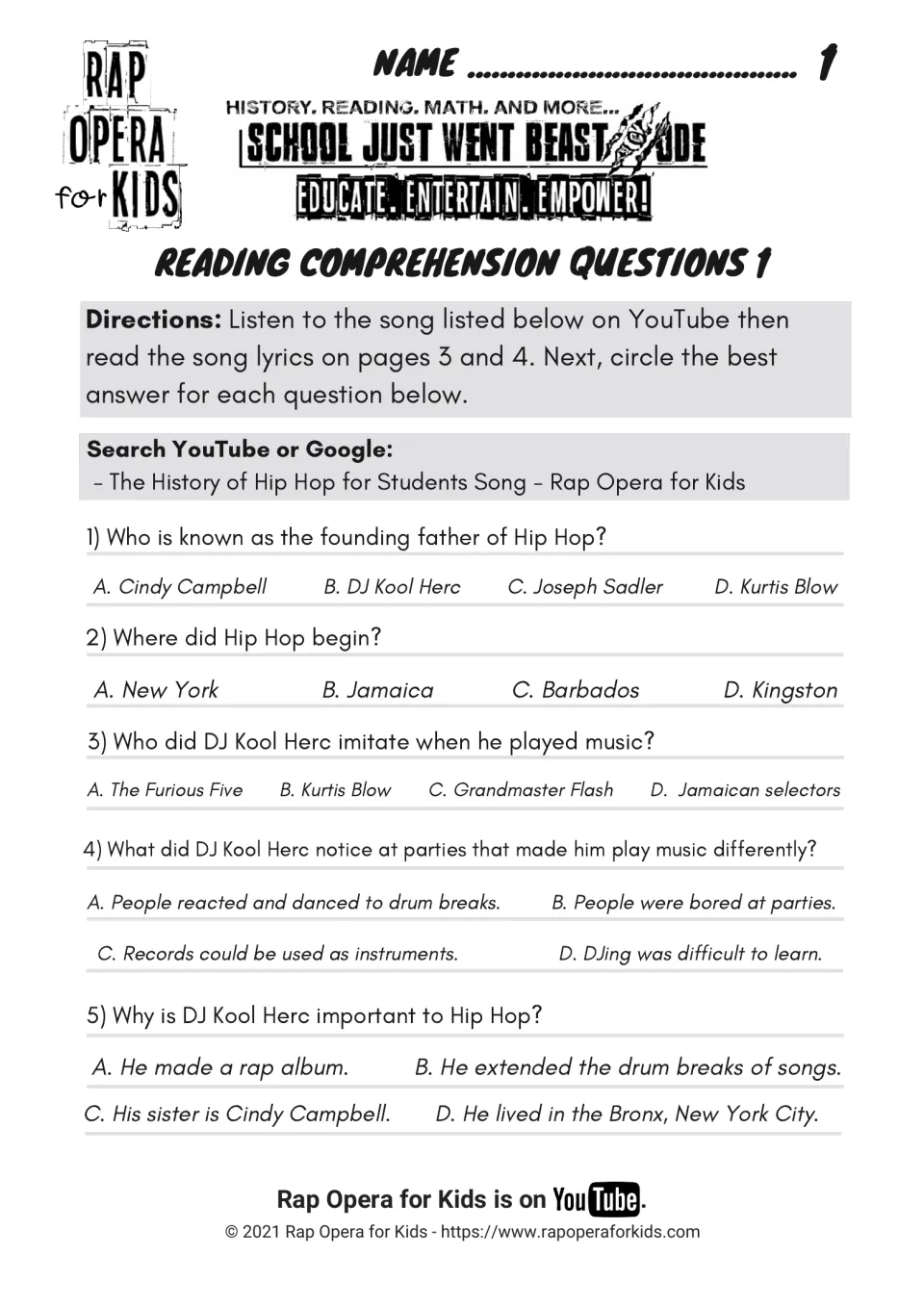 Hip hop origins quiz: students hear a song, then circle answers about DJ Kool Herc and where hip hop began