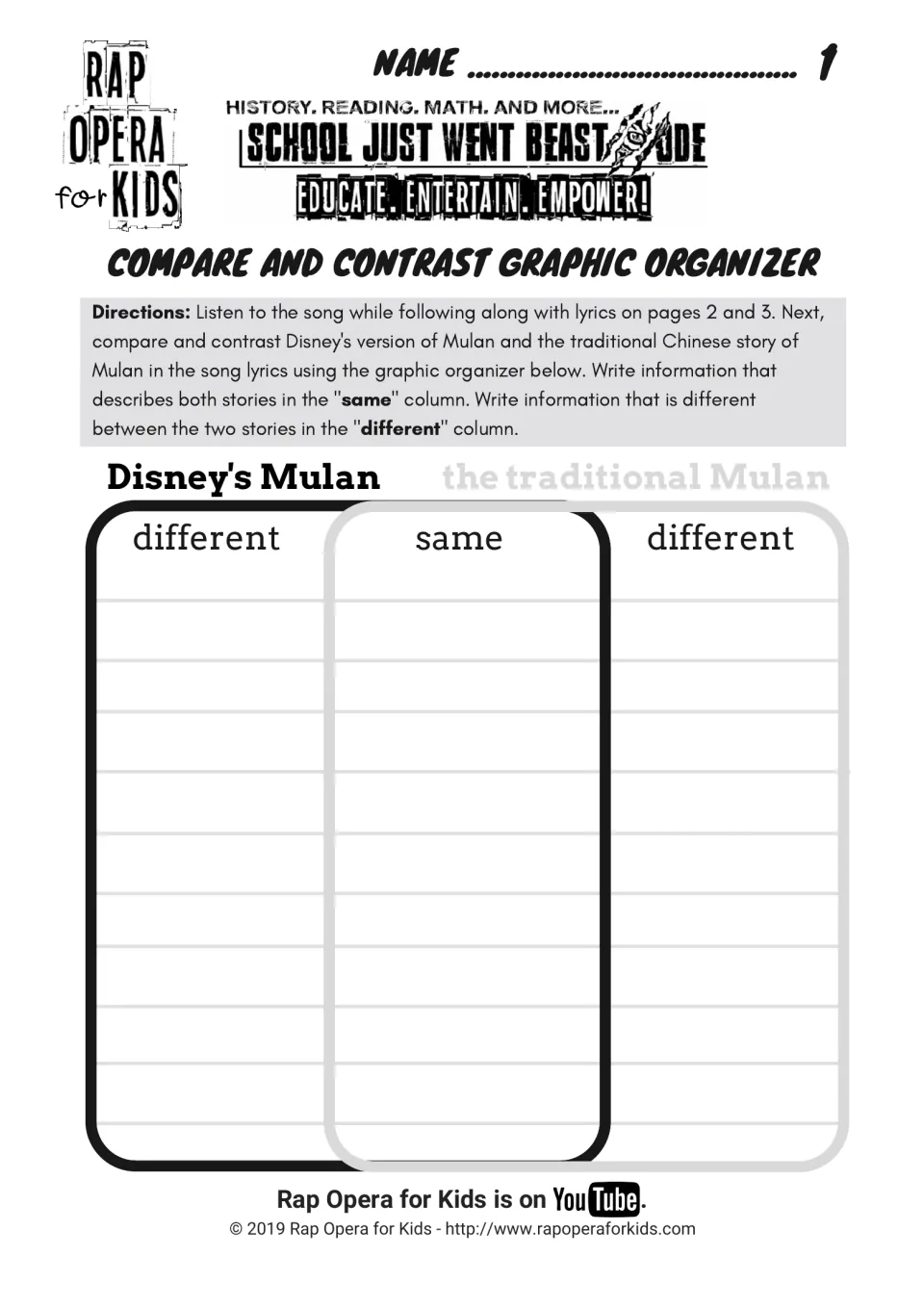 Mulan graphic organizer: students note how Disney's Mulan and the traditional Mulan differ and what is the same in both