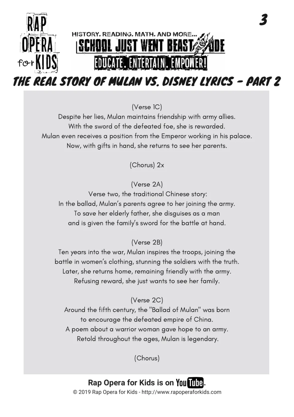 Song lyrics part 2: Disney's ending, then verse two on the traditional ballad, where her parents let Mulan join the army