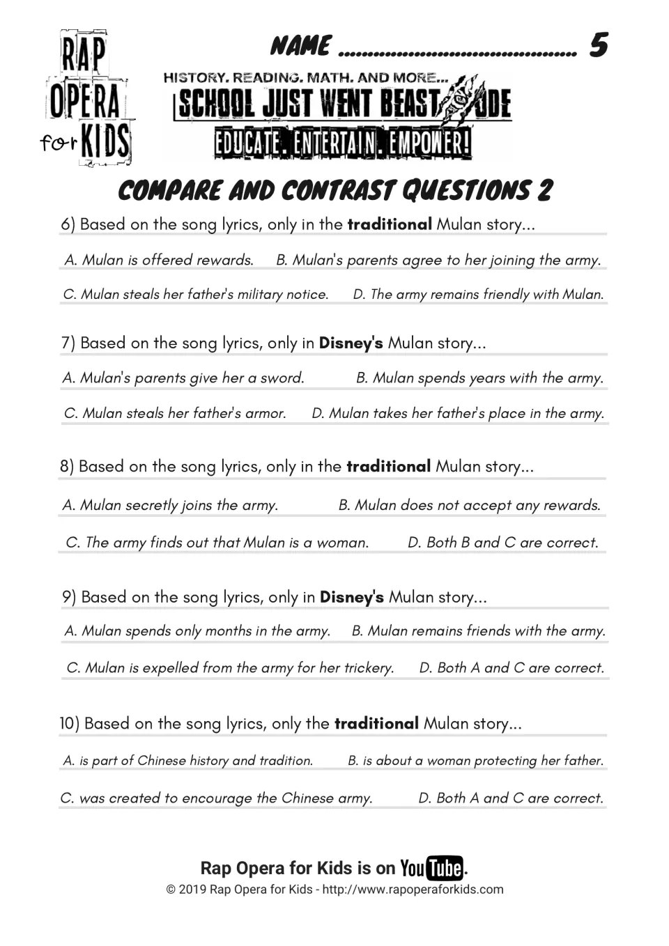 Compare and contrast questions 6-10: students pick details only in the traditional Mulan story or only in Disney's