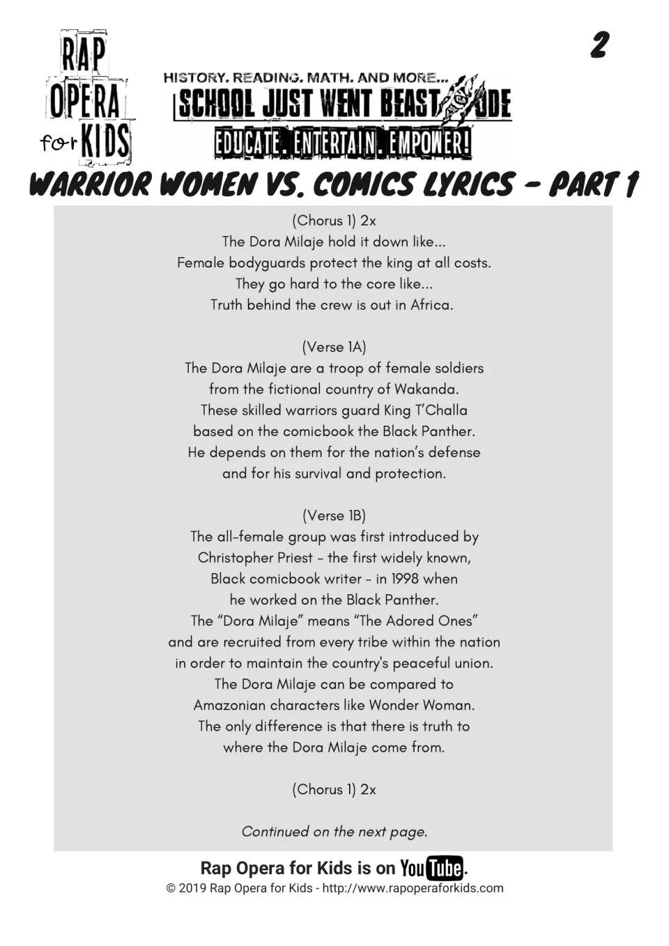 Song lyrics part 1: chorus and verses on the Dora Milaje guarding King T'Challa of Wakanda, created by Christopher Priest