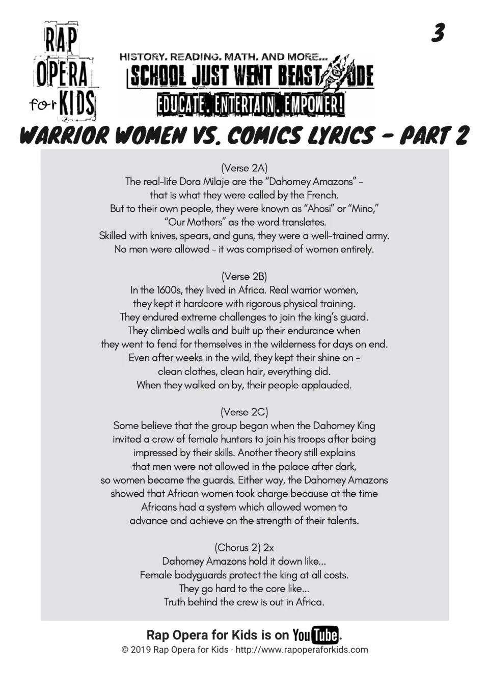 Song lyrics part 2: verses on the real Dahomey Amazons, called Ahosi or Mino, female soldiers in 1600s Africa
