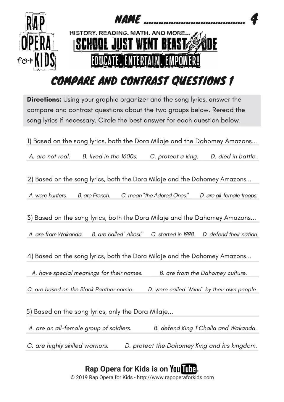 Comparing two groups, questions 1-5: students circle what both the Dora Milaje and Dahomey Amazons share, or only one