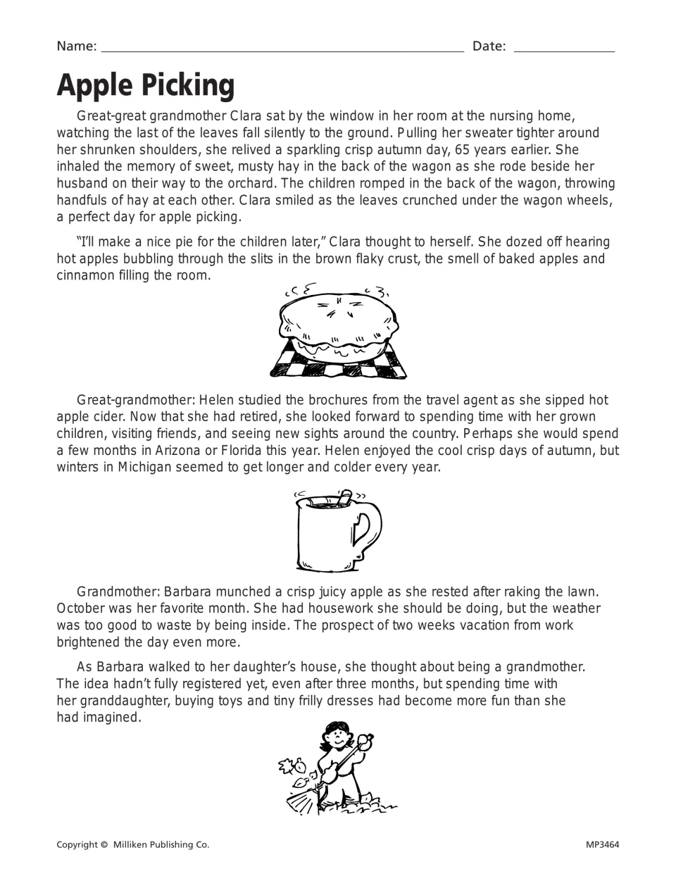 Apple Picking, part 1: students read about autumn days of great-great grandmother Clara, Helen and grandmother Barbara