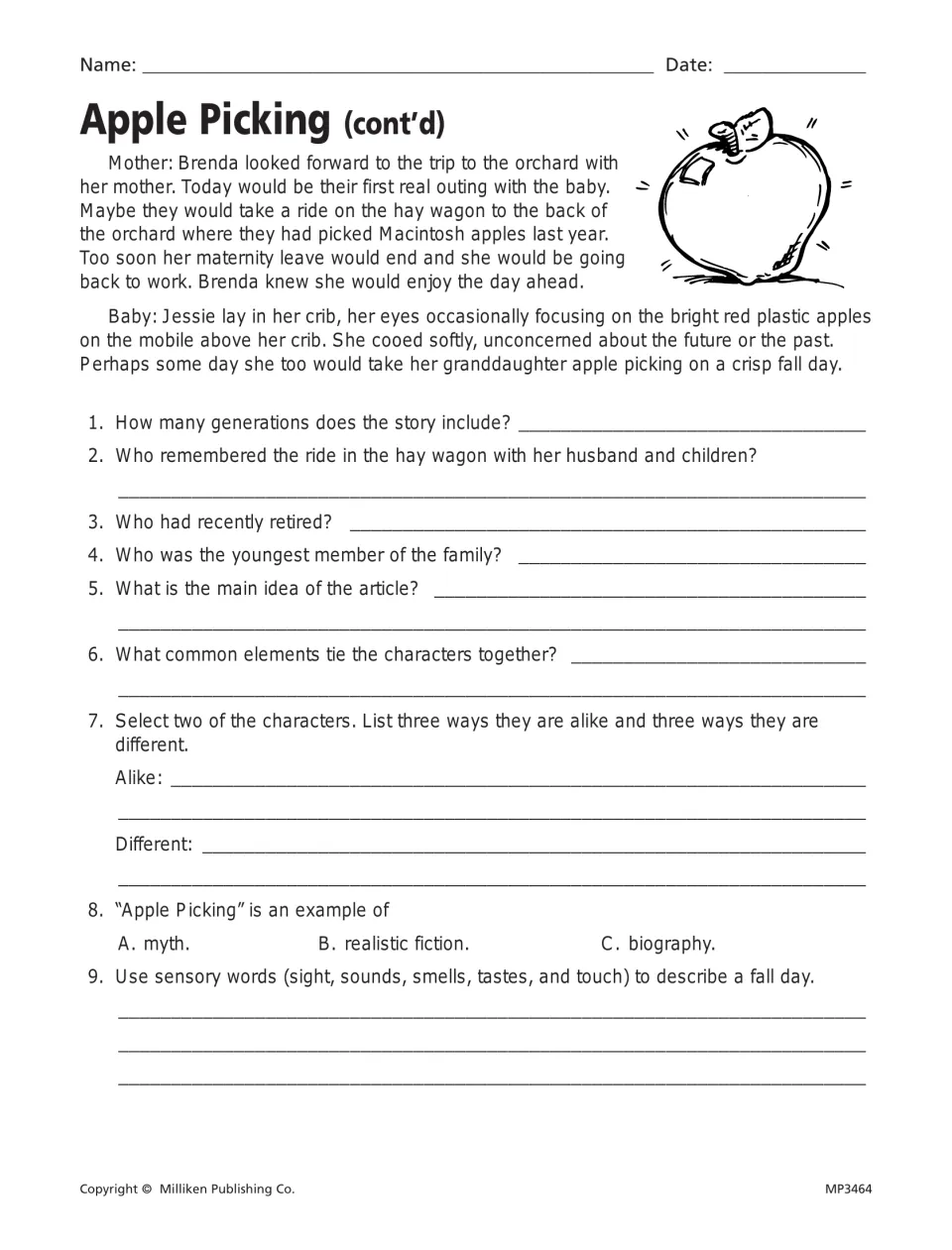 Apple Picking, continued: Brenda and baby Jessie, then 9 questions comparing characters and naming the genre