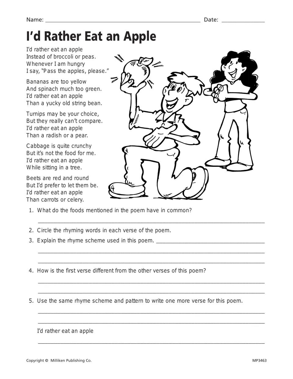 I'd Rather Eat an Apple poem: students circle rhyming words, explain the rhyme scheme and write a new verse