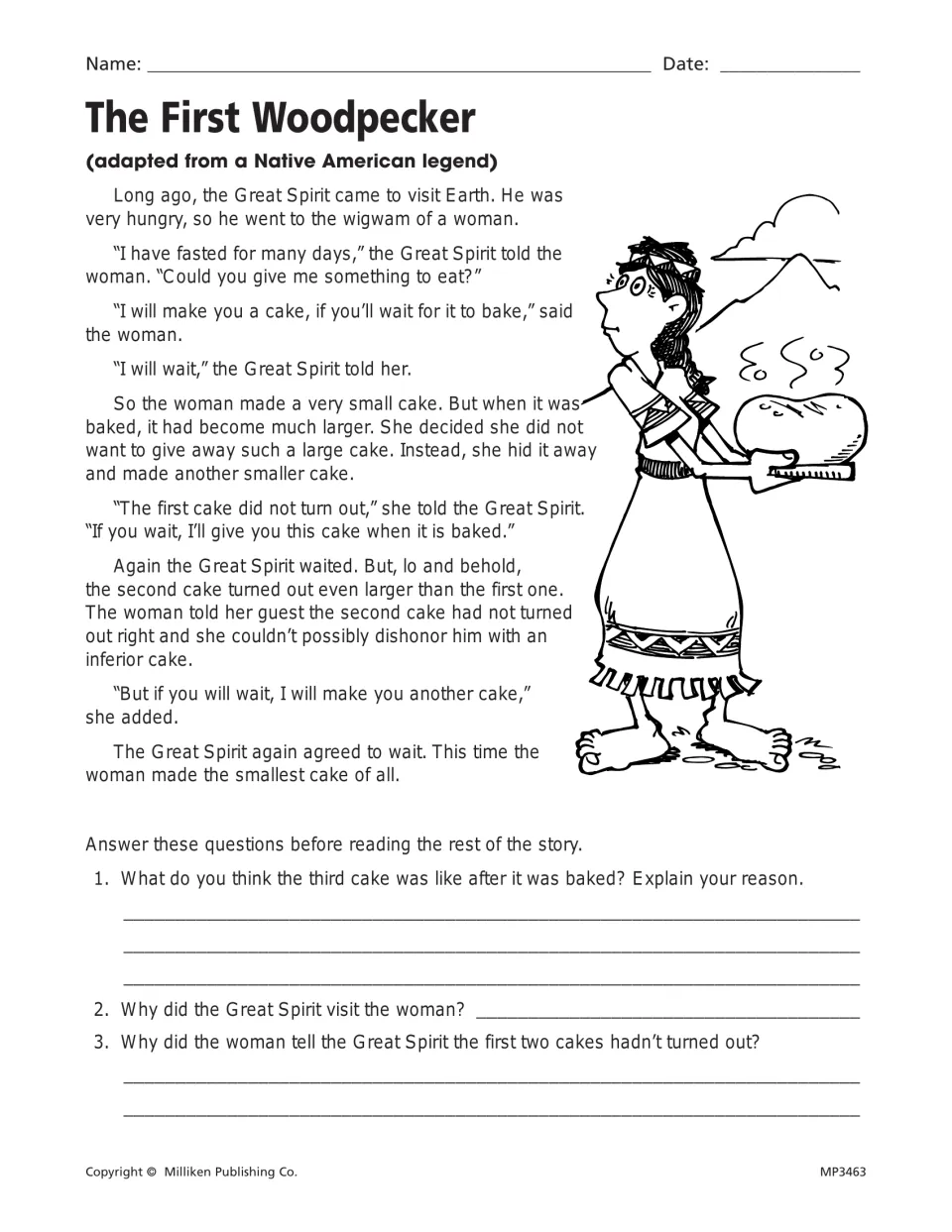 The First Woodpecker, a Native American legend: students predict what the third cake was like before reading on