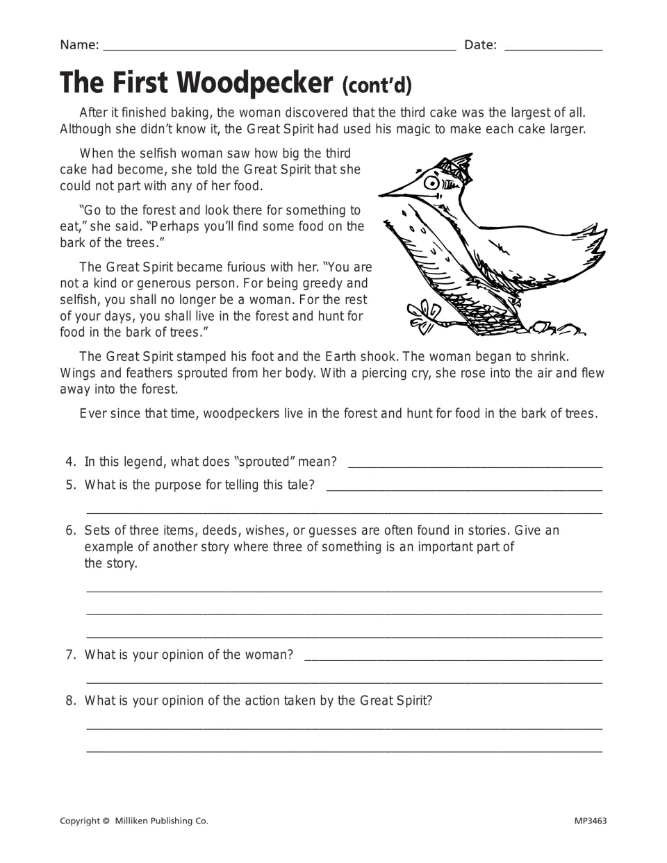 First Woodpecker, continued: the woman becomes a woodpecker; questions on word meaning, purpose and sets of three