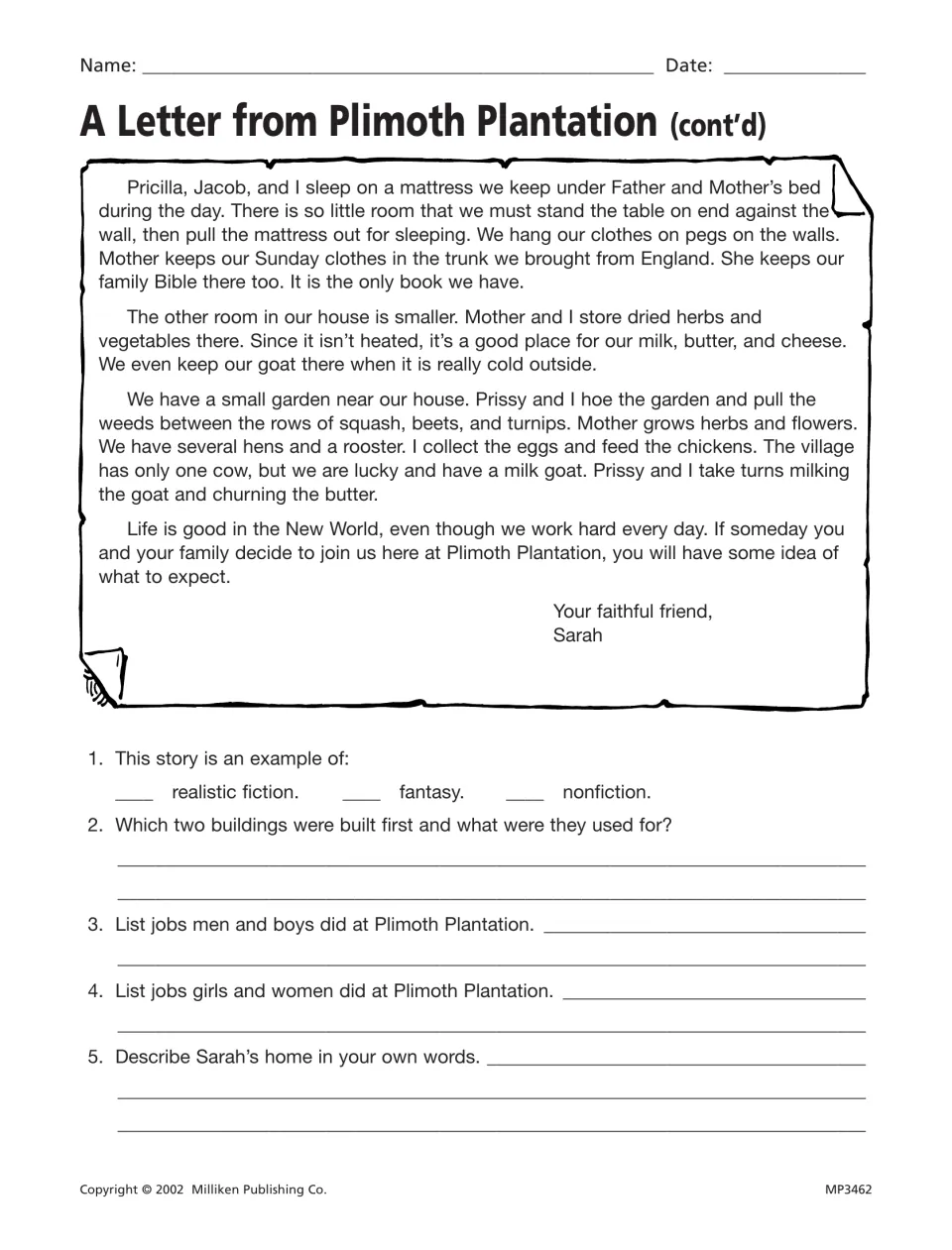 Plimoth letter, continued: Sarah describes chores and home; students list jobs of men and women and name the genre