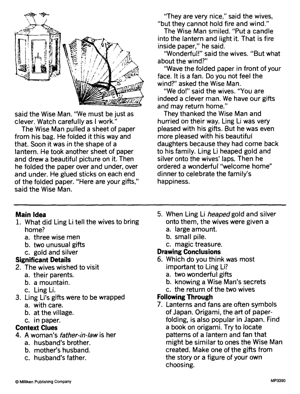 Two Impossible Gifts ending: a Wise Man folds a lantern and fan; quiz on main idea, details and context clues