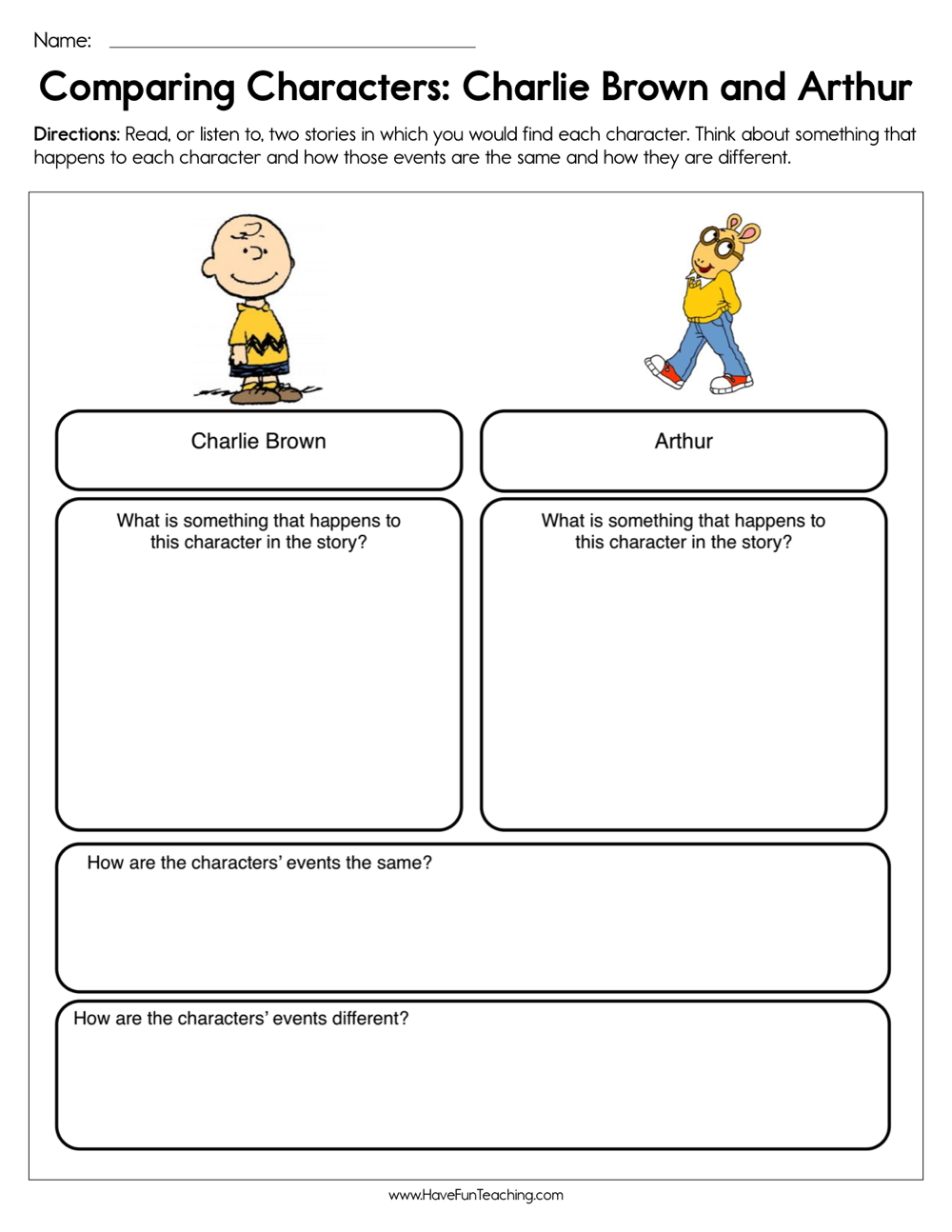 Compare and Contrast Characters Charlie Brown and Arthur Worksheet by Teach  Simple