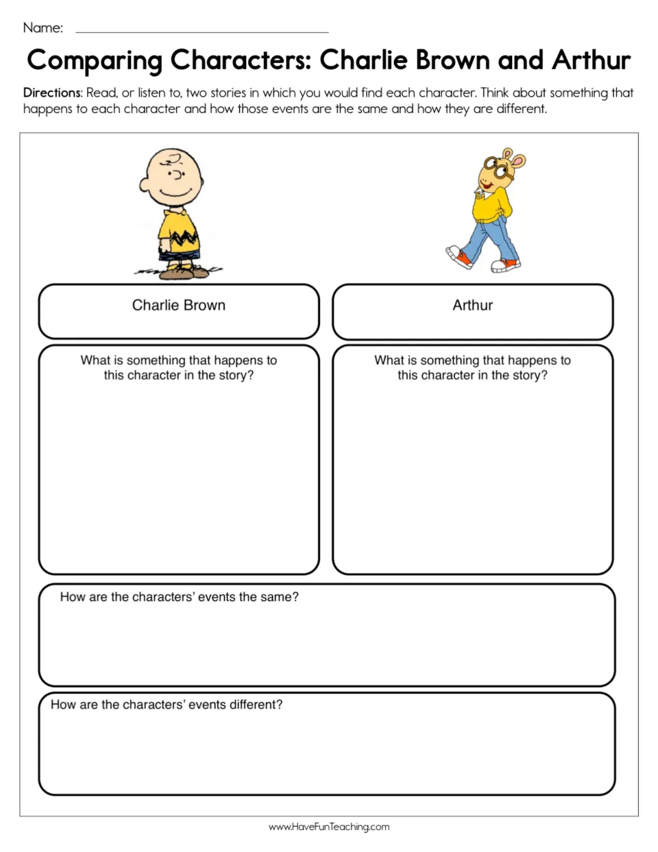 Comparing characters: students write an event for Charlie Brown and for Arthur, then how the events are alike and different
