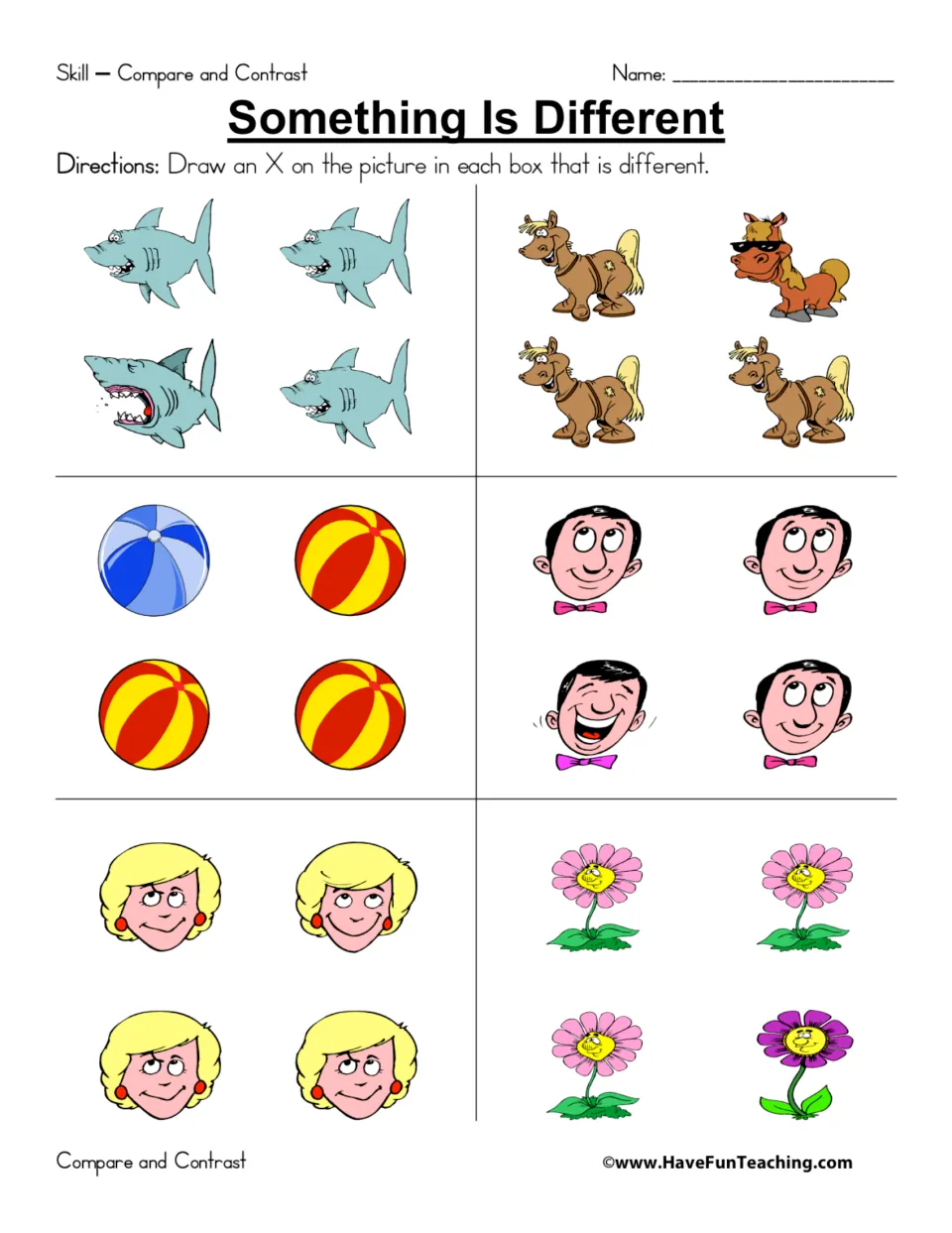 Compare-and-contrast practice: find the different shark, horse, ball, man's face, woman's face, and flower.