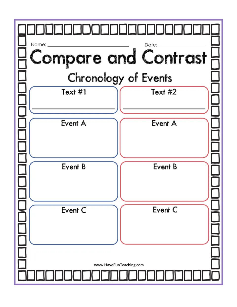 Chronology of Events: students name Text #1 and Text #2, then record Events A, B and C from each to compare sequence