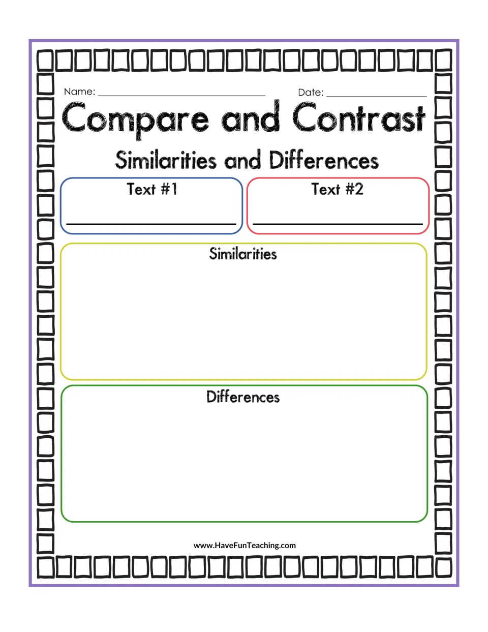 Similarities and Differences: students name two texts, then list what they share and how they differ in structure or ideas