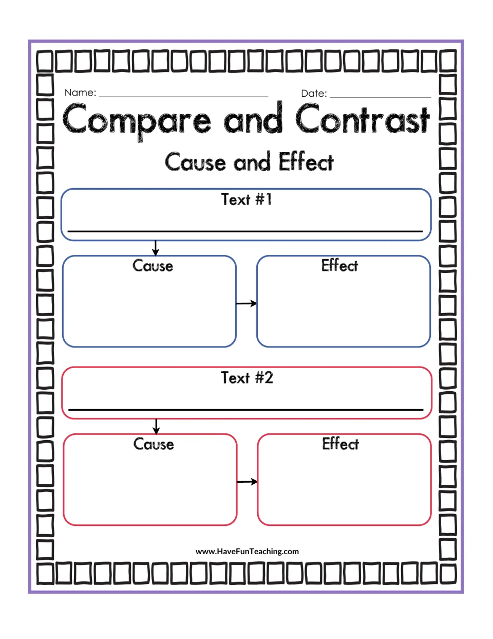 Cause and Effect: for each of two texts, students identify a cause and its effect, then compare how each text links them