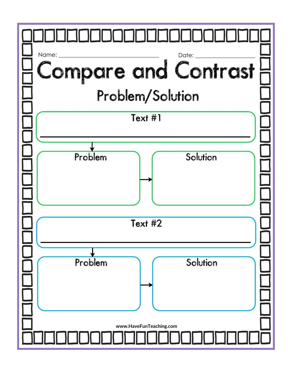 Problem/Solution: for each of two texts, students record the problem and its solution to compare how texts are organized