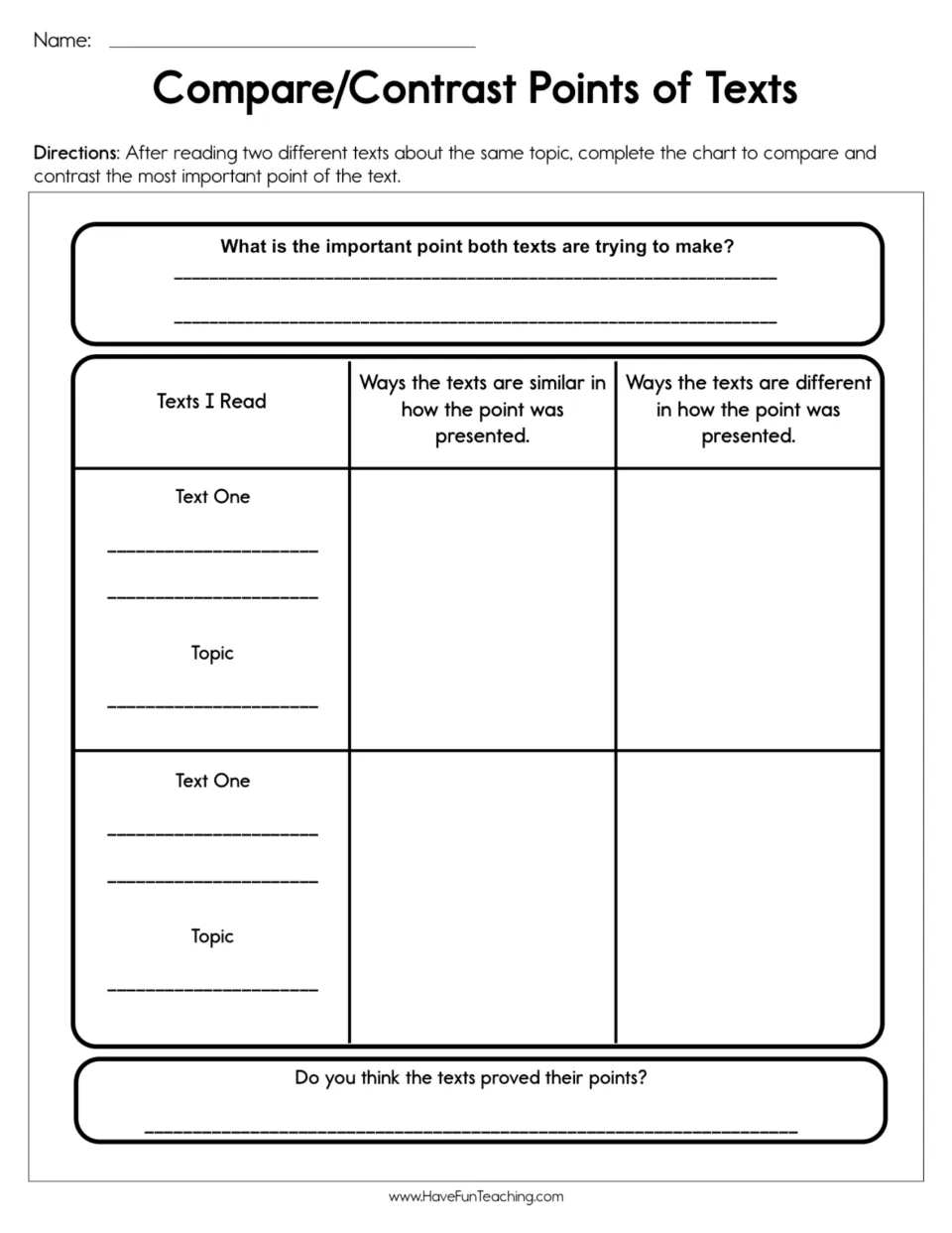 Compare/Contrast Points of Texts: after reading two texts on one topic, students note how each presents its main point