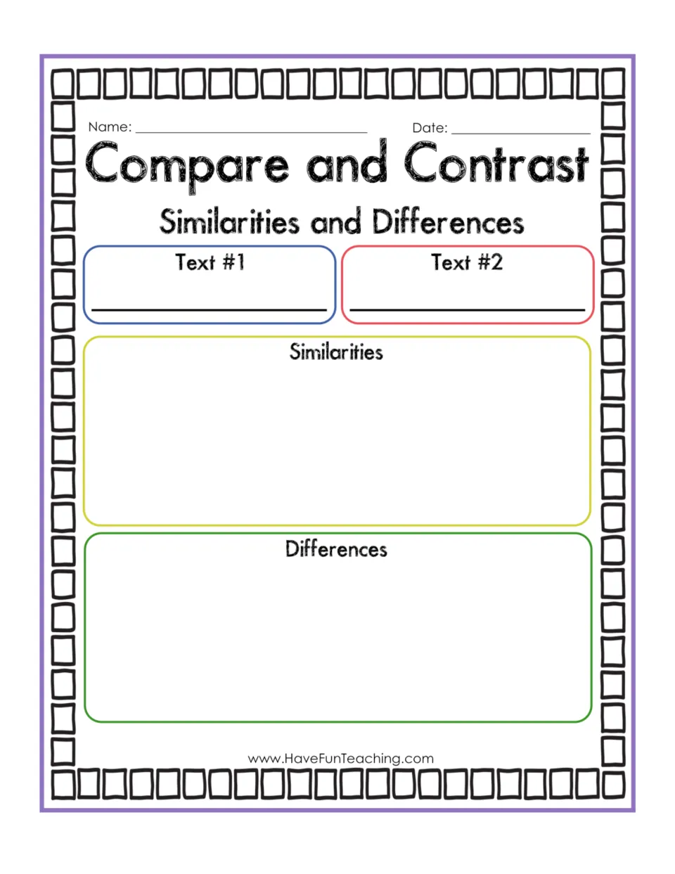 Compare and contrast two texts: students name Text #1 and Text #2, then write their similarities and differences
