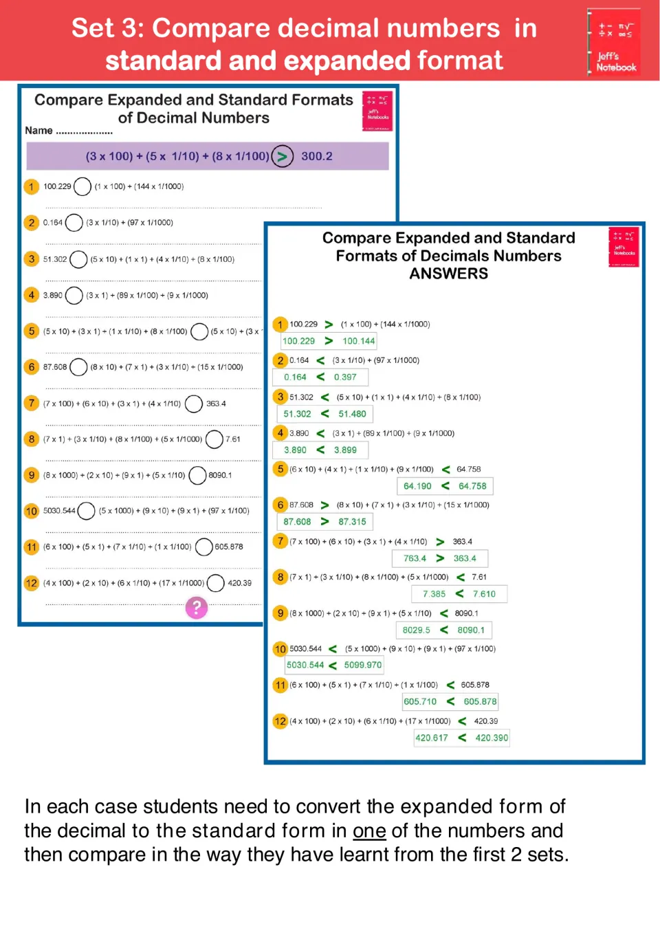 Set 3 guide: students convert one expanded-form decimal to standard form, then compare with the other number using > or <