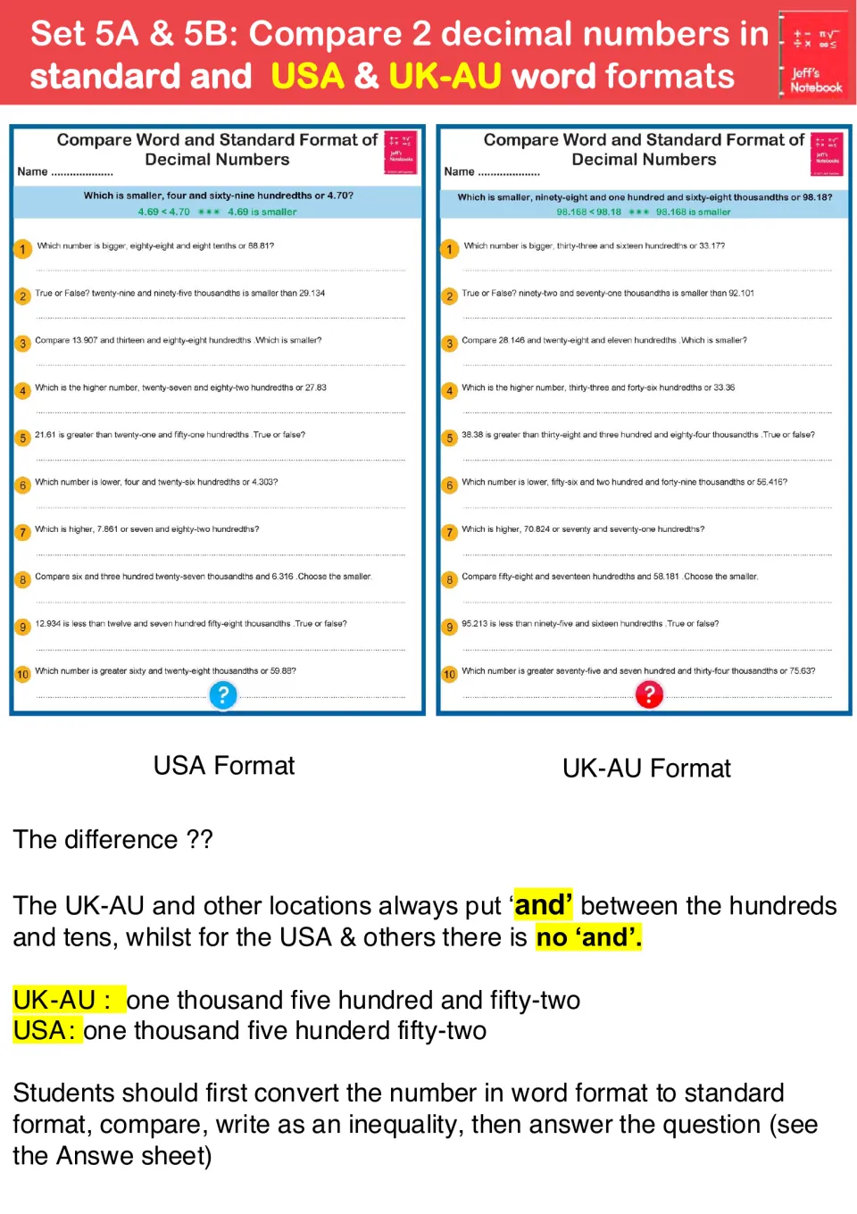 Sets 5A and 5B guide: comparing decimals in standard form and USA or UK-AU number words, explaining the 'and' difference