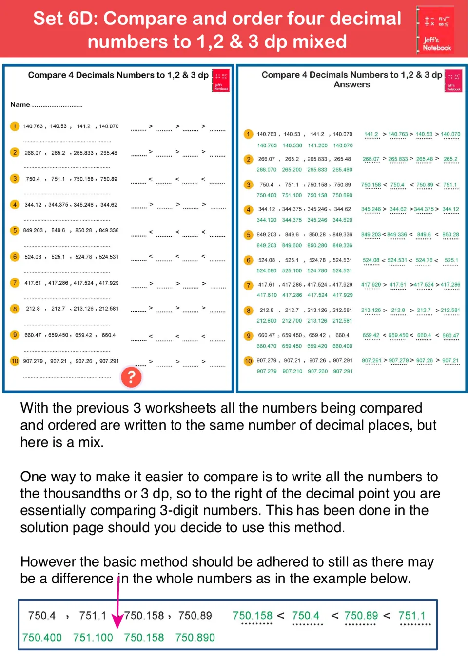 Set 6D guide: ordering four decimals with mixed 1, 2 and 3 decimal places by rewriting each to thousandths, e.g. 750.400