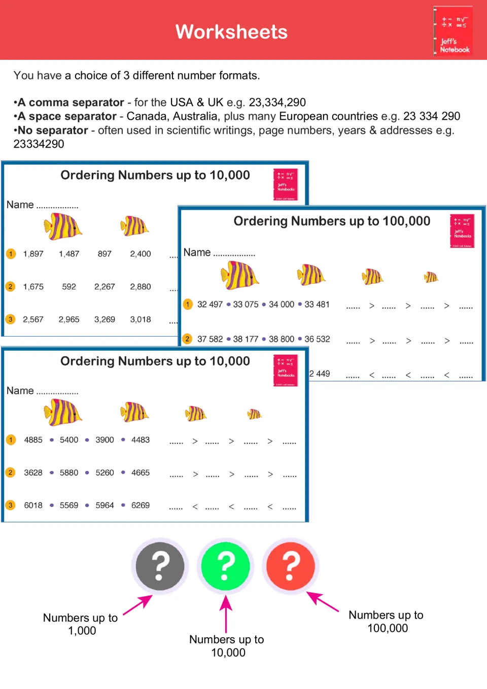 Worksheets guide: sample ordering sheets to 10,000 and 100,000 using > and <, offered with comma, space or no separator