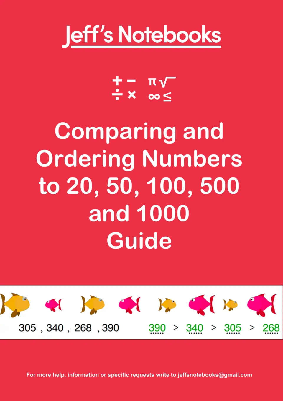 Comparing and ordering numbers guide cover from Jeff's Notebooks, showing fish ordered as 390 > 340 > 305 > 268