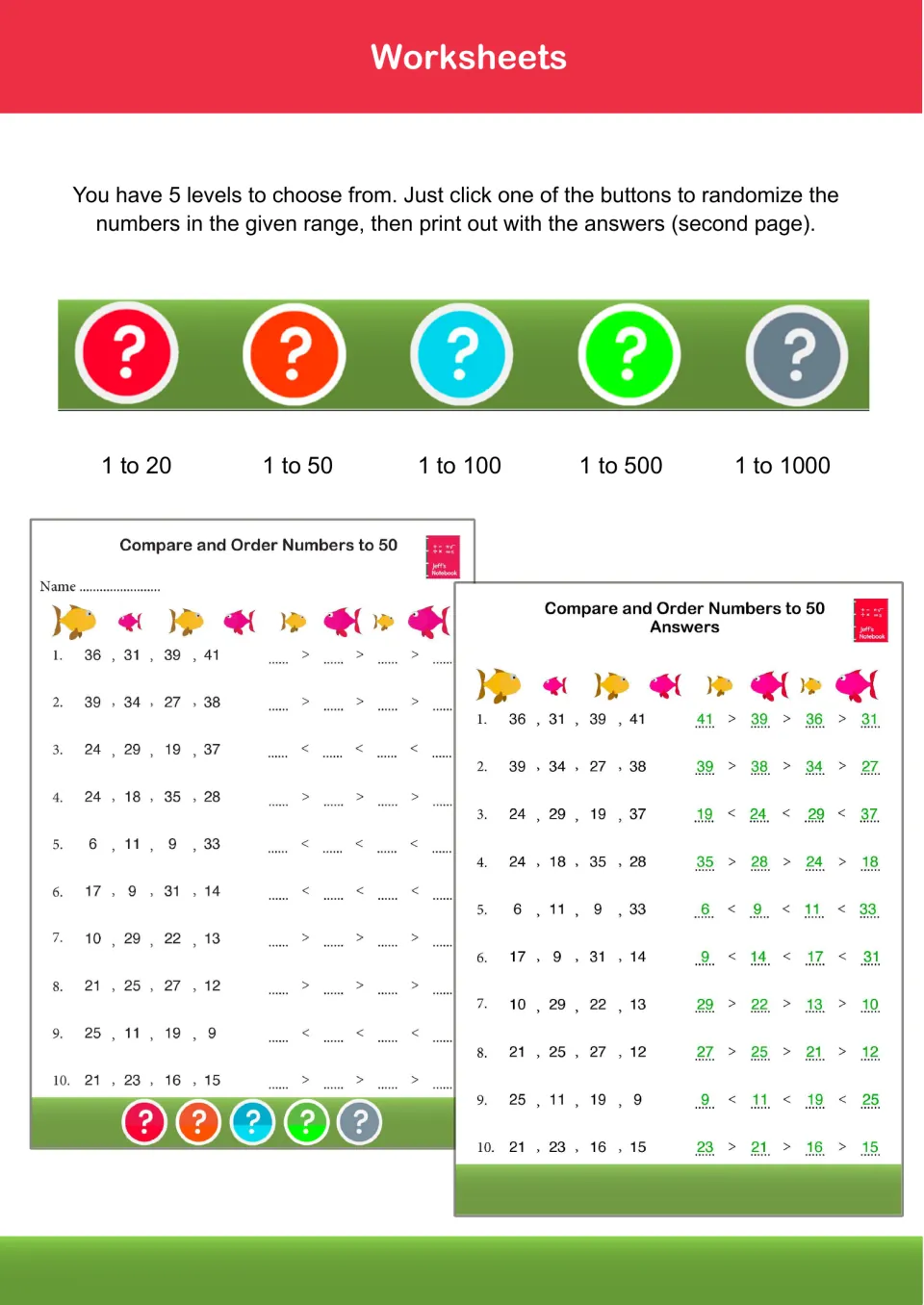 Worksheet levels 1 to 20 through 1 to 1000: a sample ordering numbers to 50 sheet and its answer page using > and <