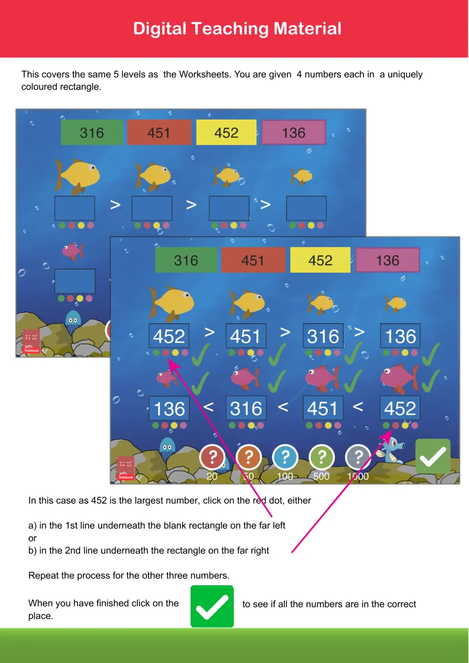 Digital ordering game: students click colored dots to place 316, 451, 452 and 136 in order using > and < signs