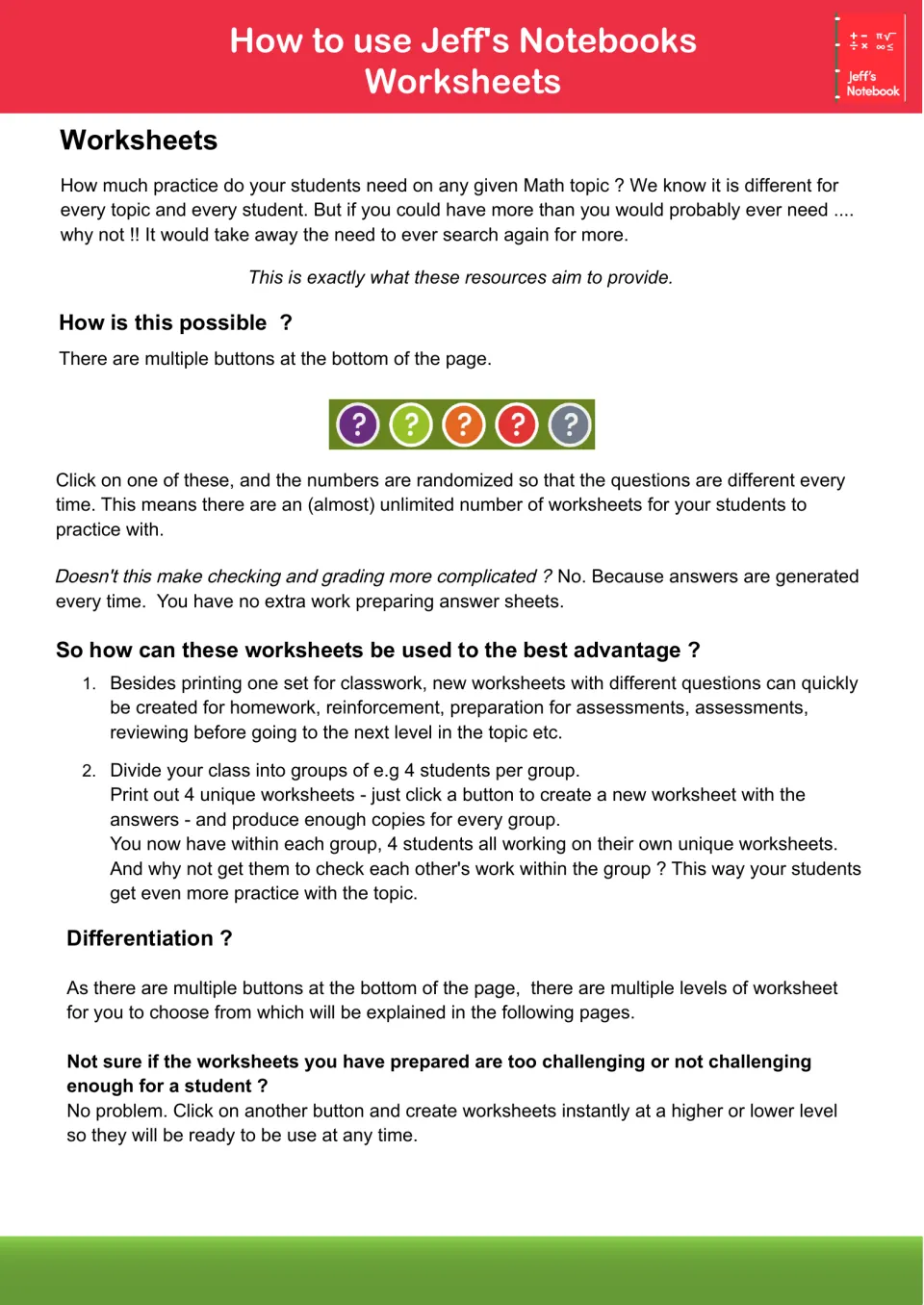 How to use the worksheets: buttons create new questions and answers for homework, group checking and differentiation