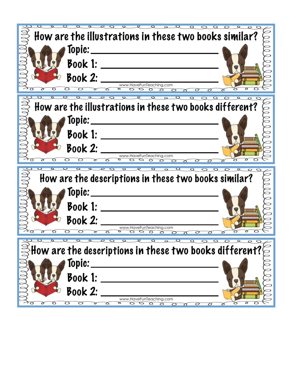 Comparing illustrations and descriptions: cards ask how two books are alike or different; students name the topic and books