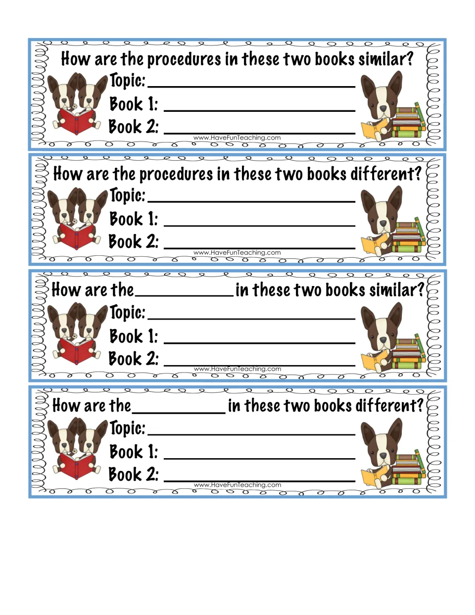 Comparing procedures: cards ask how two books' procedures are alike or different, plus blank cards to fill in any feature