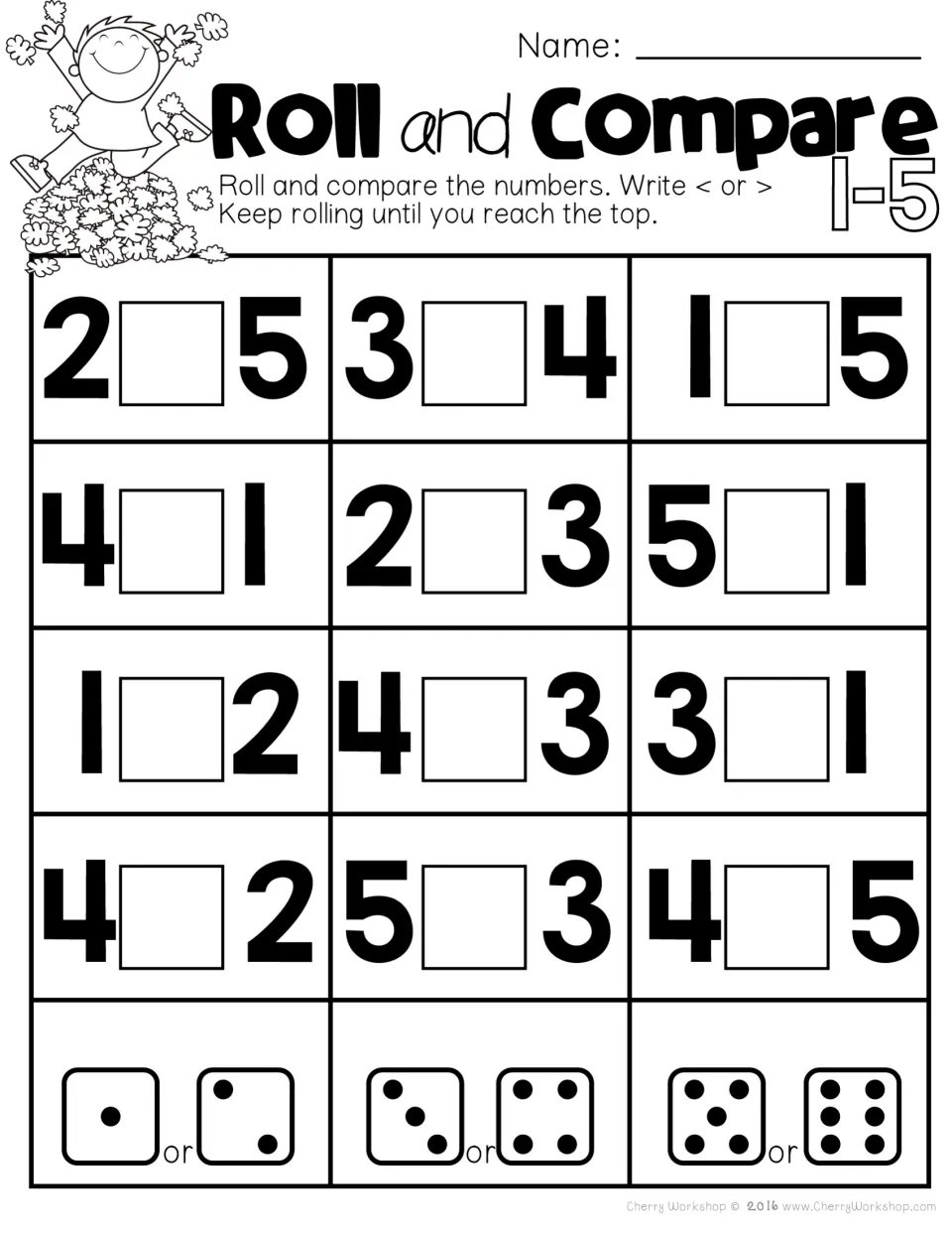 Roll and Compare 1-5: students roll a die to pick a column, then write < or > between a pair of numbers up to 5