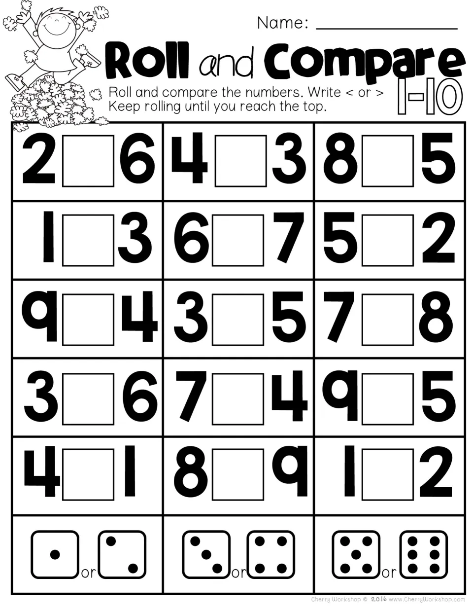Roll and Compare 1-10: students roll a die and write < or > to compare 15 number pairs such as 9 and 4 or 8 and 9