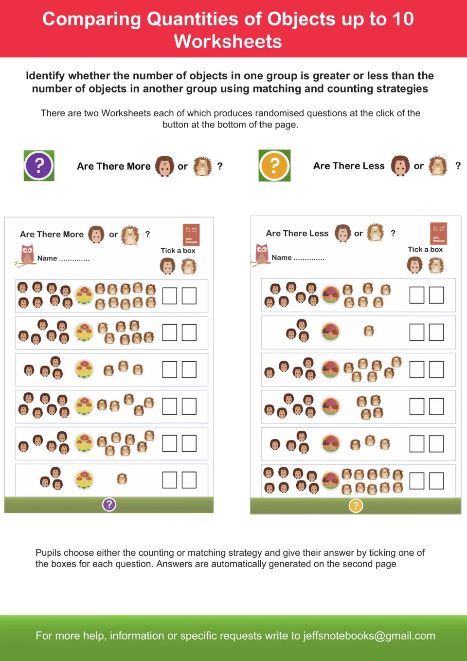 Comparing quantities up to 10: two hedgehog worksheets where pupils tick a box to show which group has more or less