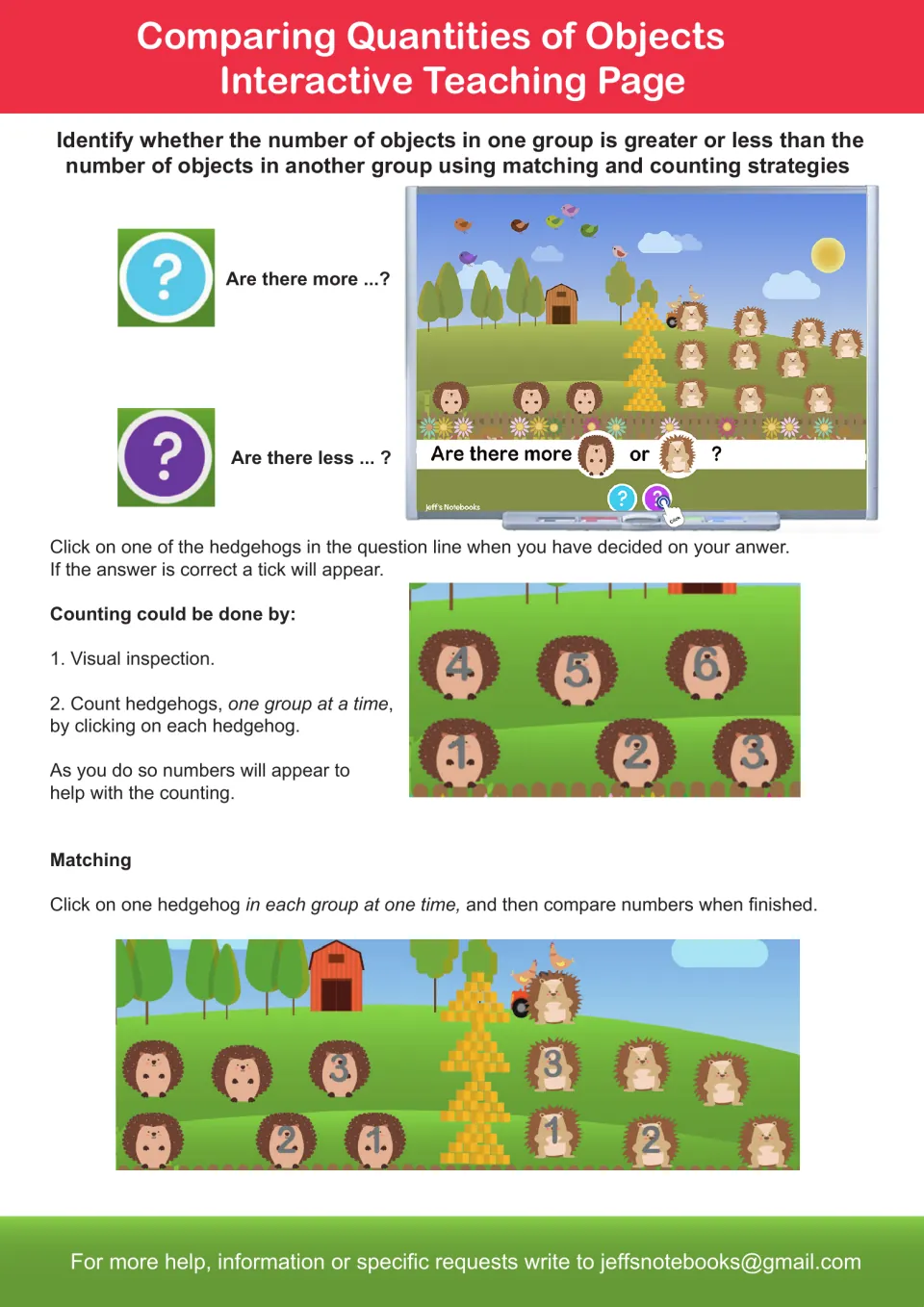 Comparing quantities of hedgehogs: interactive page asking are there more or less, solved by counting or matching groups
