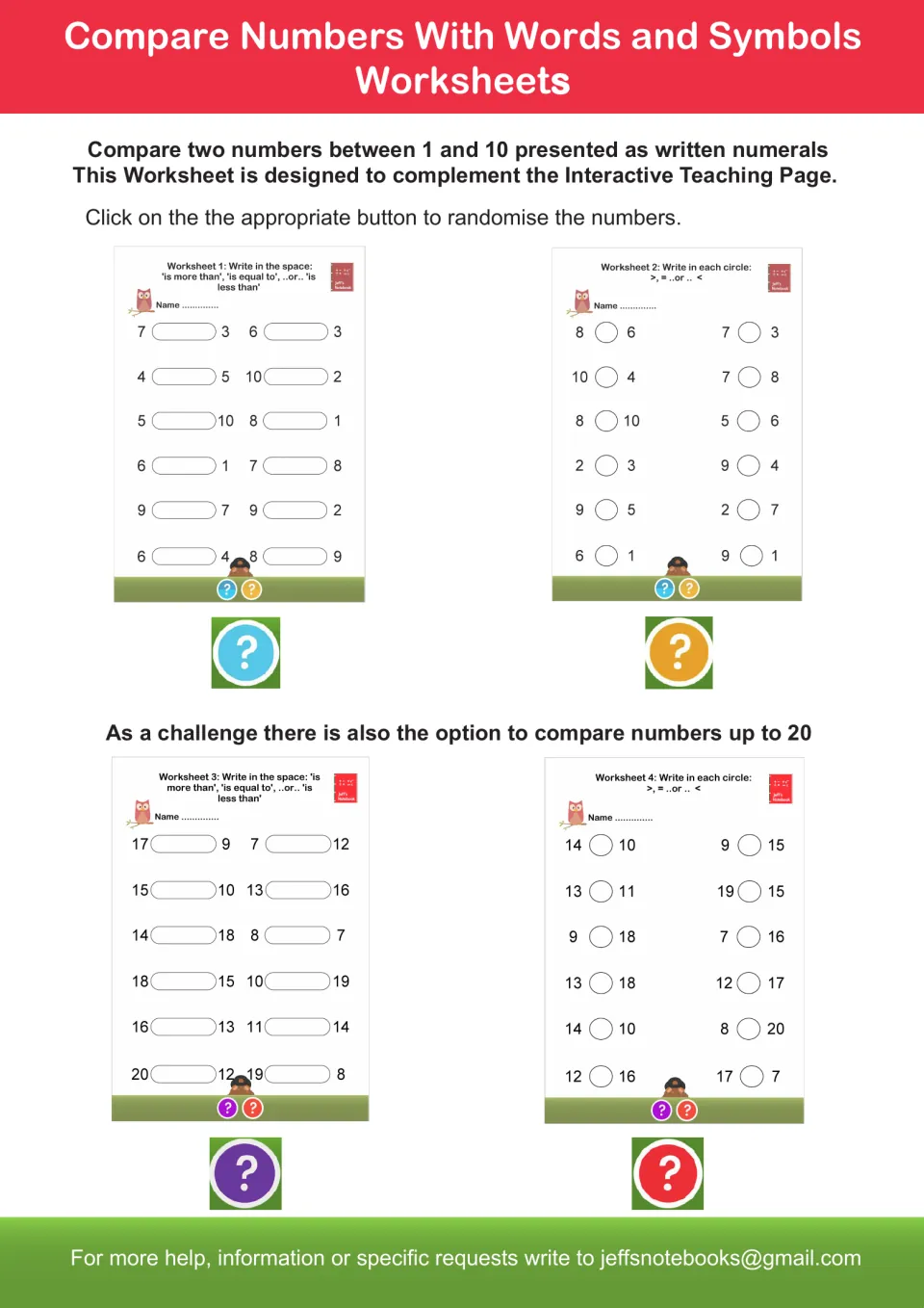 Comparing numbers with words and symbols: four worksheets where pupils write more than, less than or >, =, < up to 10 or 20
