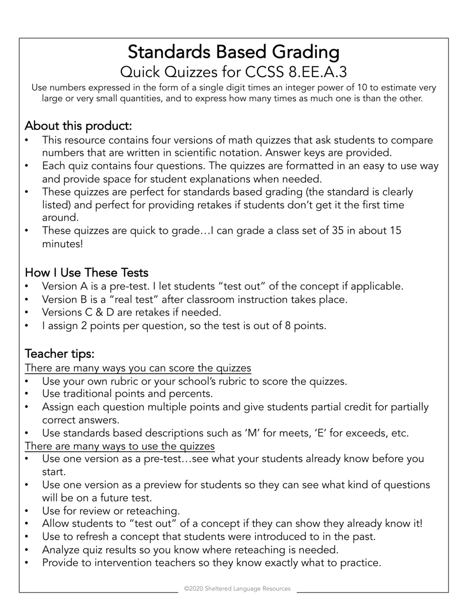 Standards based grading quick quizzes for CCSS 8.EE.A.3: product overview, how versions A to D are used and scoring tips