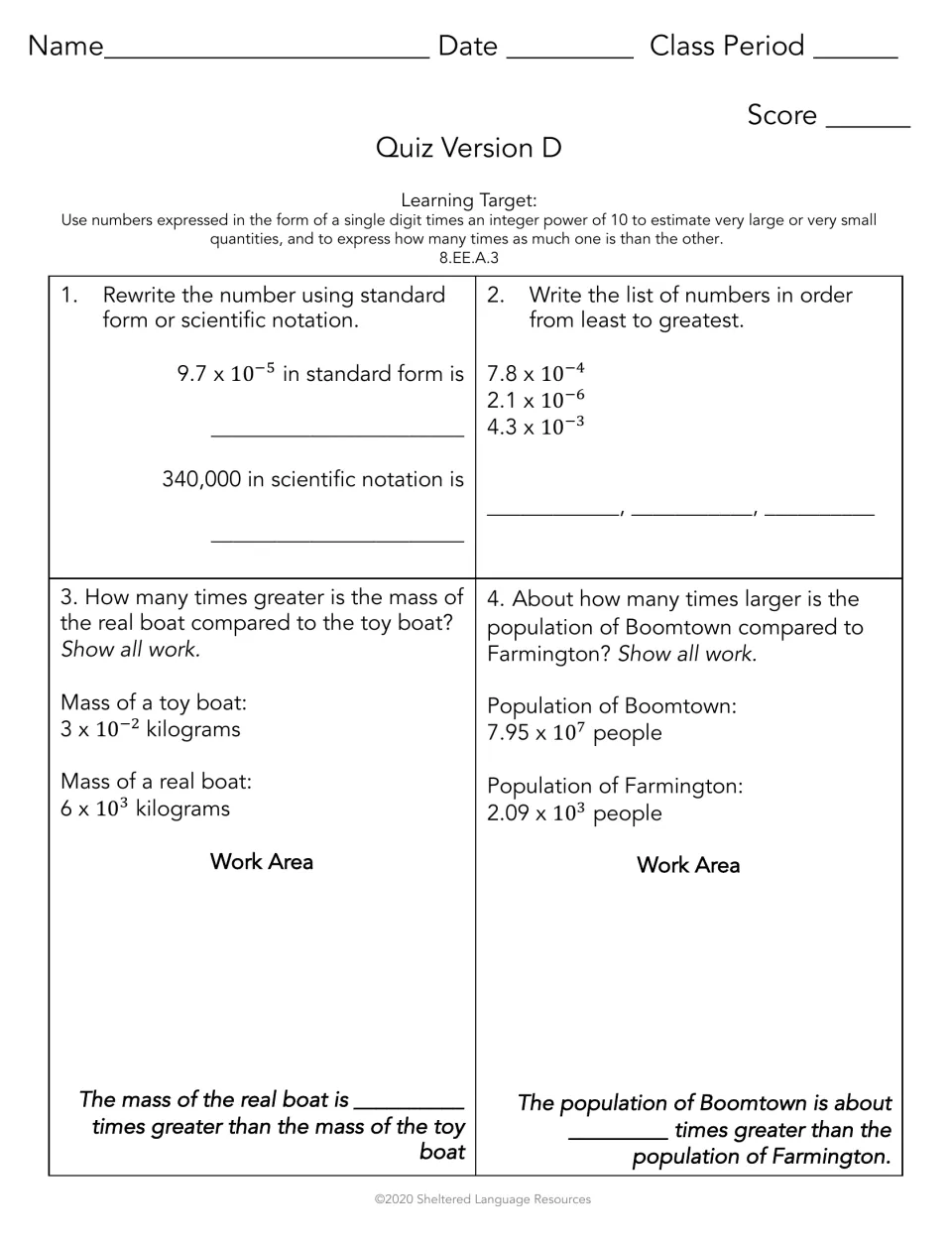 Quiz Version D: students rewrite 9.7 x 10^-5 and 340,000, order three values and compare toy and real boat masses