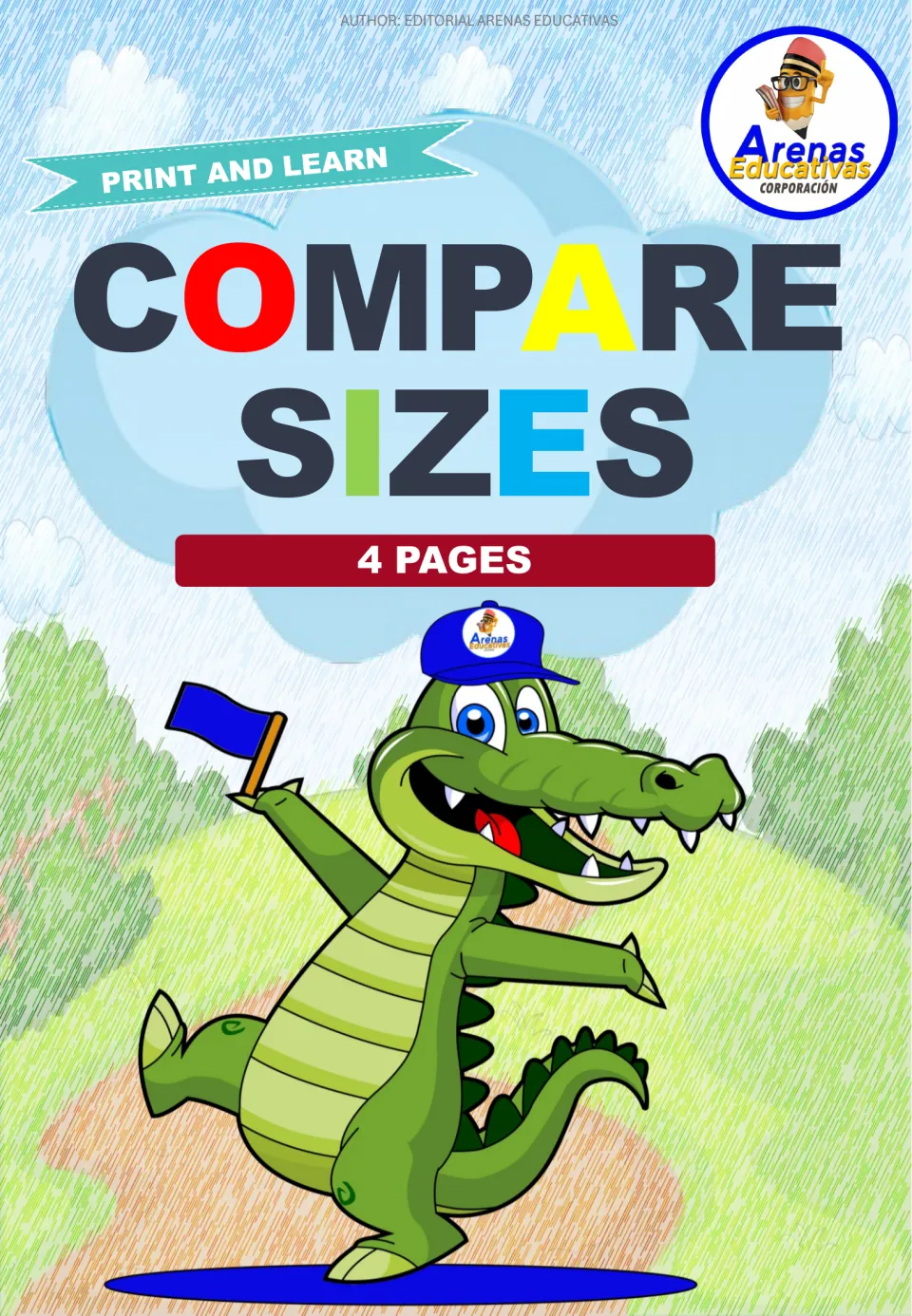 Cover for Compare Sizes, a 4-page Print and Learn set from Arenas Educativas, with a waving crocodile mascot